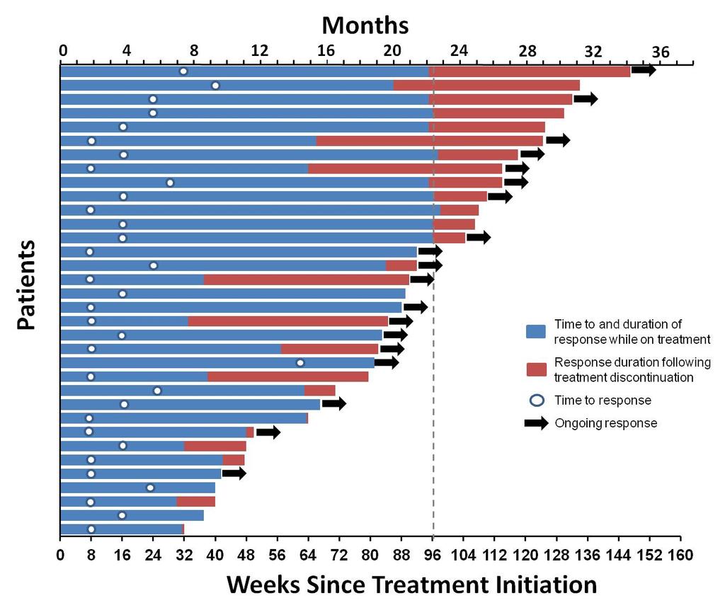 Response Characteristics in Patients with Melanoma Receiving Nivolumab Responses ongoing in 19/34 (56%) responders at time of analysis 52% (11/21) of responding pts who discontinued therapy for