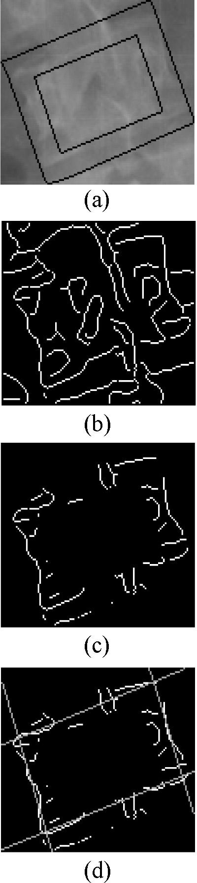 2 shows an ROI with the inner and outer rectangles (Fig. 2(a)), the edge image of the ROI (Fig. 2(b)), and the edge image with noises deleted (Fig. 2(c)).