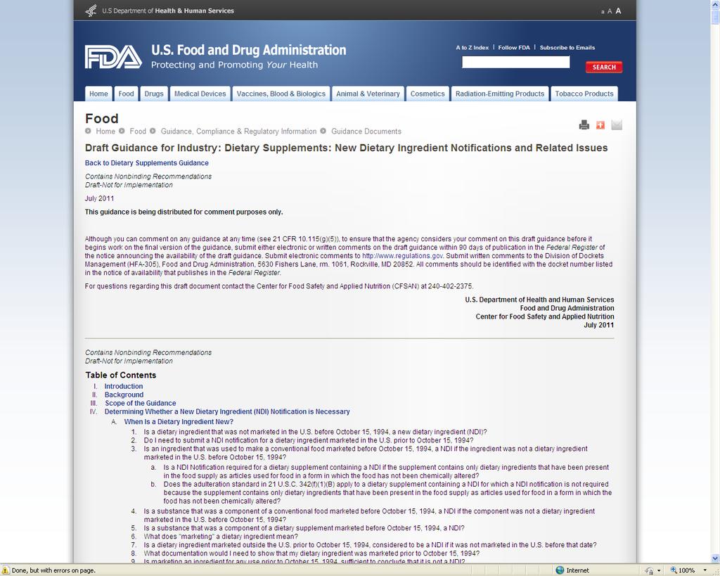 FDA Draft Guidance on NDI notification (July 2011) http://www.fda.