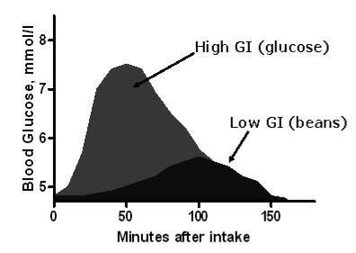Figure 4. Varying GI and Blood Glucose effects over time. Source: http://www.medbio.info/horn/time%201-2/ glycemic_index.