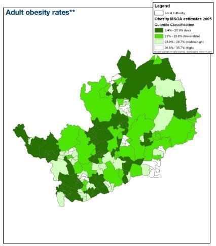 Figure 7: Adult obesity rates mapped in Hertfordshire. The map to below shows the areas with the highest level of adult obesity.