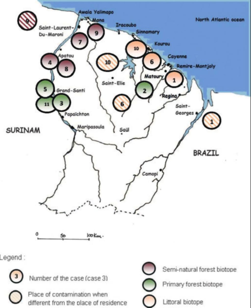 E224 Clinical Microbiology and Infection, Volume 18 Number 7, July 2012 CMI FIG. 1. Map of French Guiana indicating for each patient the place and the biotope of their residence and the place of contamination.