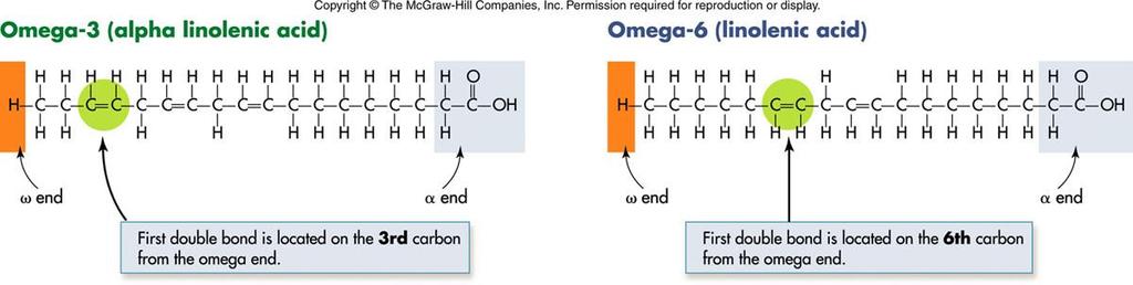 NAMING FATTY ACIDS Omega System 1. Starting on the omega (methyl) end work your way across until you get to the first double bond. This will indicate whether a fatty acid is an omega three or six 2.