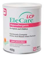 ELECARE UNFLAVOURED WITH LCP EleCare Unflavoured with LCP is a nutritionally complete amino acid based formula, specially formulated to meet the nutritional needs of infants and children who need an