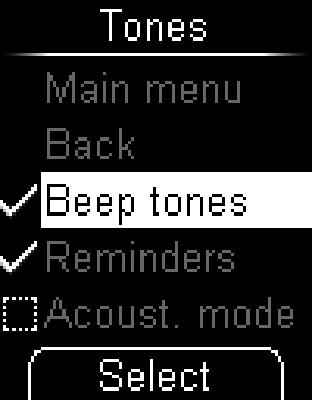 Making settings 5 Turning tones on and off You can turn the Beep tones, Reminders and Acoustic mode tones on and off.