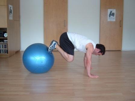 That s one rep; repeat for all reps and then switch legs Stability Ball Jackknife Pushup Place your feet on the ball and hands