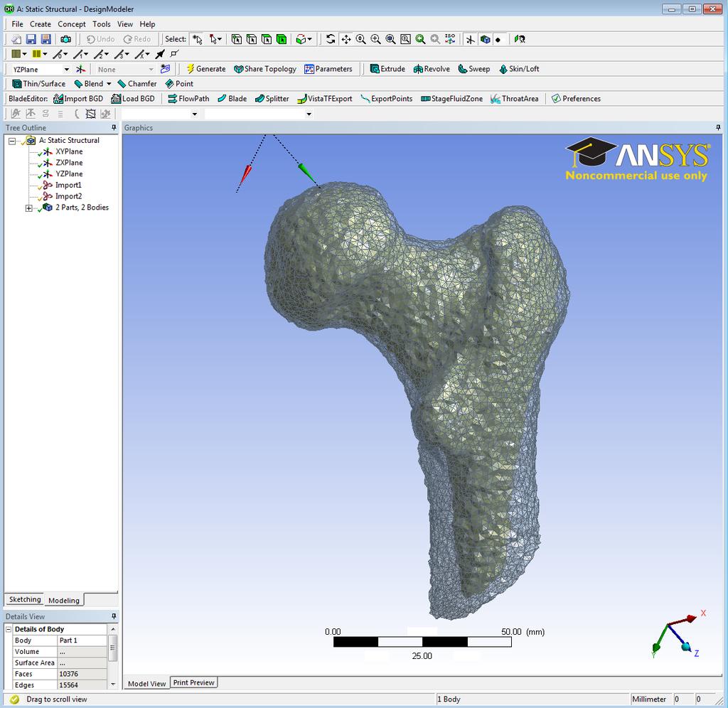 3. MATERIALS AND METHODS 43 Figure 3.5.2.1 Import of Geometries. Green geometry represents the trabecular bones while grey geometry represents the cortical bone. 3.5.3. Meshing the geometry Once the geometries were imported into the ANSYS Workbench, meshing was taken place again.
