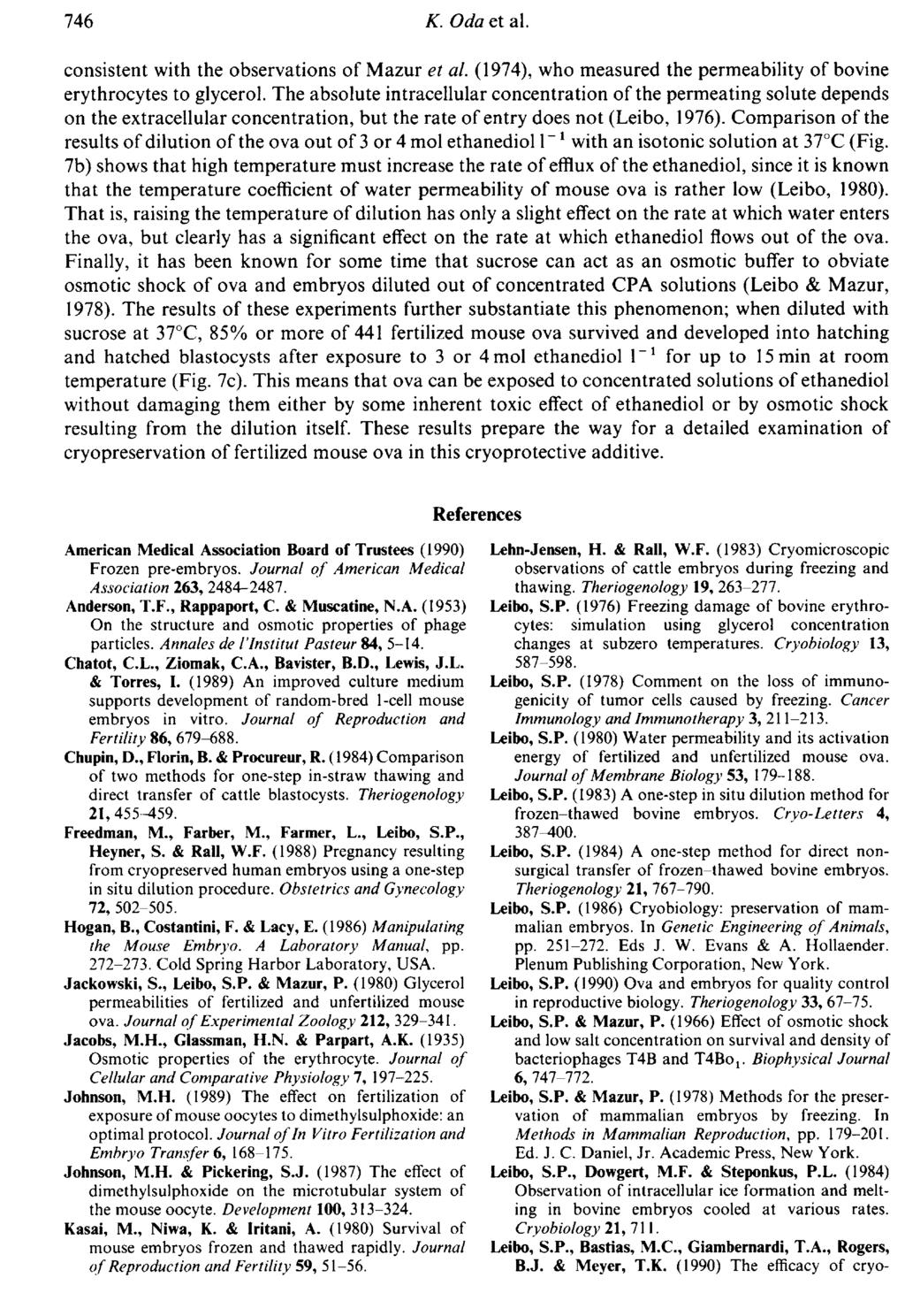 consistent with the observations of Mazur et al (1974), who measured the permeability of bovine erythrocytes to glycerol.