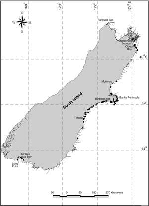 444 Fishery Bulletin 102(3) o 172 55' N Akaroa o 43 50'E 1 km Figure 2 Map of New Zealand s outh Island, showing transect lines and sightings of Hector s dophins (dots) 1997 2000.