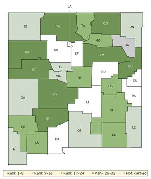The maps on this page and the next display New Mexico s counties divided into groups by health rank. Maps help locate the healthiest and least healthy counties in the state.
