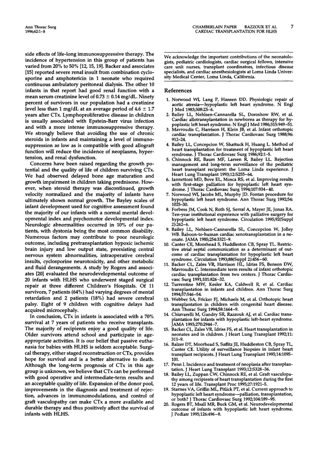 Ann Thorac Surg CHAMBERLAIN PAPER RAZZOUK ET AL 7 1996;62:1-8 CARDIAC TRANSPLANTATION FOR HLI-IS side effects of life-long immunosuppressive therapy.