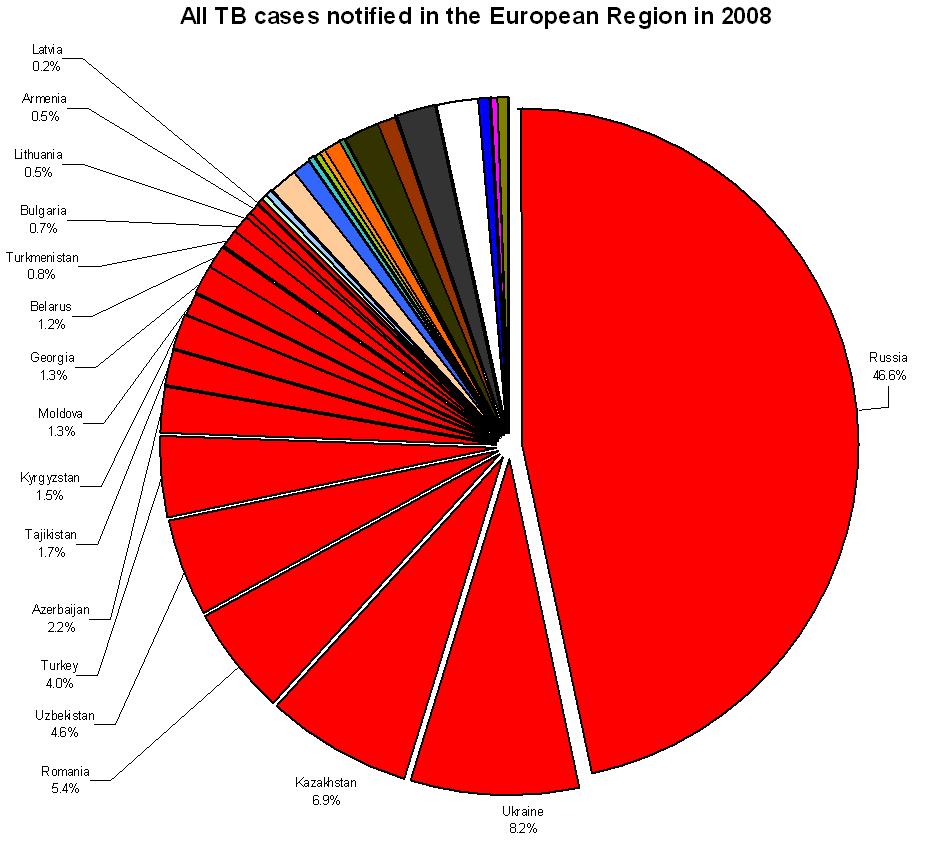 TB burden WHO European Region In 2008, 50 (of 54) countries from the Region reported a total of 461,645 TB cases The overall TB notification rate was