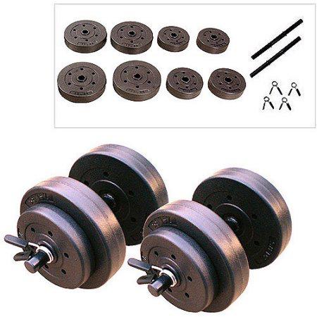 Gold's Gym Vinyl Dumbbell Set, 40 lbs $155.00 delivered This pair of hand weights comes with two tubular steel bars, collars for securing movable components and cement-filled plates.
