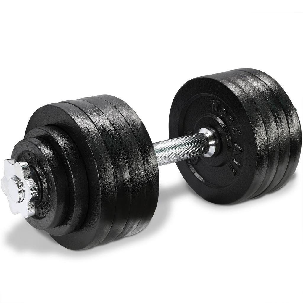 52.5 pounds $140.00 delivered SINGLE DUMBBELL 52.5 LBS TOTAL: ONE 16 x1.15 handle, EIGHT 5-pound plates, TWO 2.5-pound plates, TWO 1.25pound plates, TWO collars CAST IRON WEIGHT PLATES FIT 1.