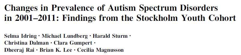 Abstract In a record-linkage study in Stockholm, Sweden, the year 2011 prevalence of diagnosed autism