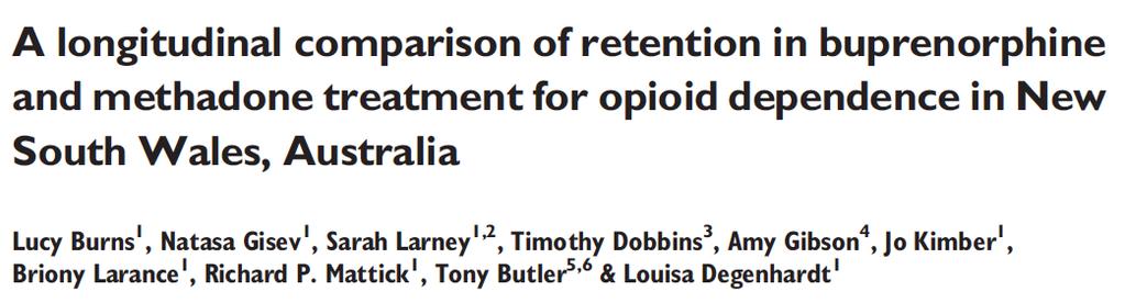 Retention in treatment Addiction 2015 Retrospective cohort (Data linkage study) 10 years