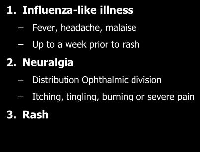 Influenza-like illness Fever, headache, malaise Up to a week prior