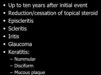 Corneal vascularisation Relapsing disease Up to ten years after initial event