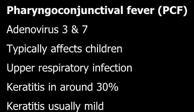 Adenoviral keratoconjunctivitis: PCF Pharyngoconjunctival fever (PCF) Adenovirus 3 & 7