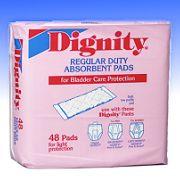 Item number: 30054 (40 bags/case - 240 pads), 30054-180 (180 Dignity Regular Duty Pads, economy pack Item: 26954- $89.