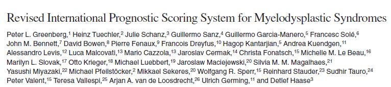 Prognostic evaluation of patients with MDS: IPSS-Revised Scoring system Overall risk score Cytogenetics V good Good Int Poor V poor 0 1 2 3 4 BM blasts (%) 2% >2 <5% 5 10% >10% 0 1 2 3 Hb level