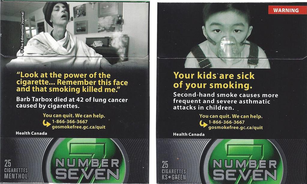 Left: Number Seven menthol pack preban with the menthol descriptor at the bottom left; Right: Number Seven menthol replacement pack postban with