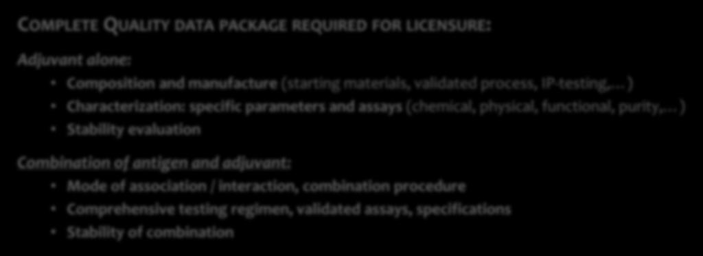 REQUIRED FOR LICENSURE: Adjuvant alone: Composition and manufacture (starting materials, validated process, IP-testing, ) Characterization: specific parameters and assays (chemical, physical,
