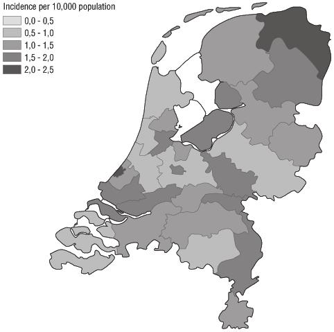 Figure 4 Incidence of hospital admissions (ICU and non-icu) due to 2009 pandemic influenza A(H1N1) by municipal health service region, the Netherlands, 5 June 31 December 2009 (n=2,181) incidence of