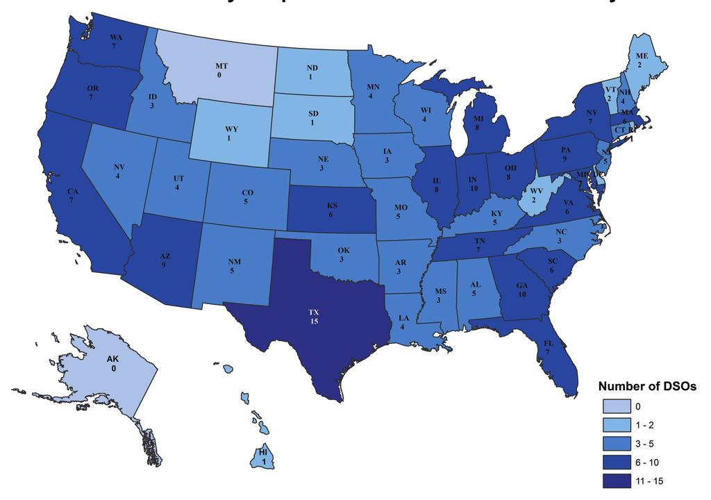 Figure 2. Number of DSO Survey Respondents With Affiliate Practices by State The range of states in which DSOs operated was 1 to 42. The mean number of states was 7.