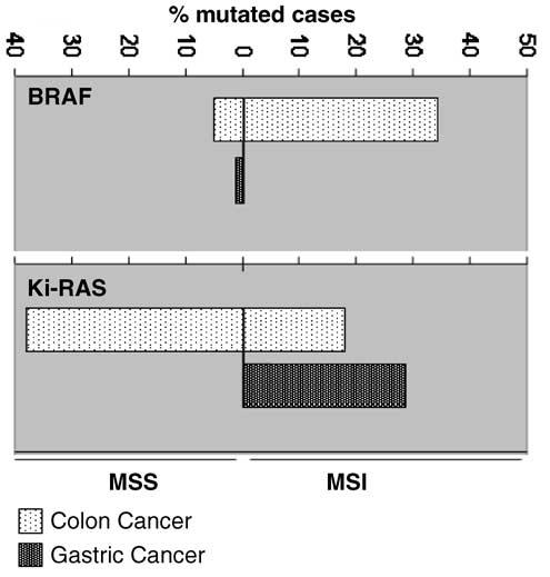 9194 Figure 2 Comparative analysis of the mutation frequencies of BRAF and K-Ras in MSS and MSI colon and gastric tumors.