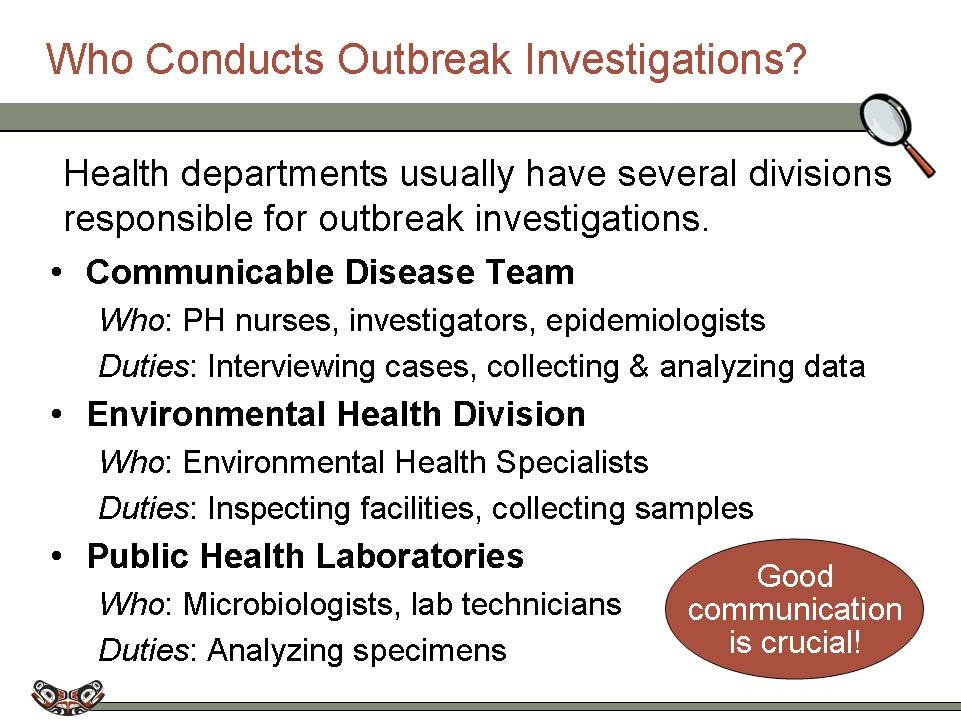 it s hard to overestimate the importance of accurate, thorough, and concise communication during all phases of outbreak investigations. Who Conducts Outbreak Investigations?