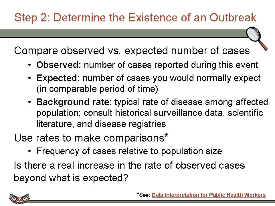 Step 2: Determine the Existence of an Outbreak In order to determine whether newly reported cases constitute an outbreak, you need to make a decision as to whether this number of observed cases