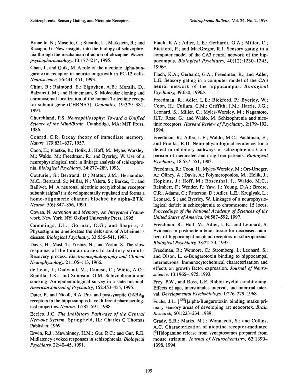 Schizophrenia, Sensory Gating, and Nicotinic Receptors Schizophrenia Bulletin, Vol. 24, No. 2, 1998 Brunello, N.; Masotto, C; Steardo, L.; Markstein, R.; and Racagni, G.