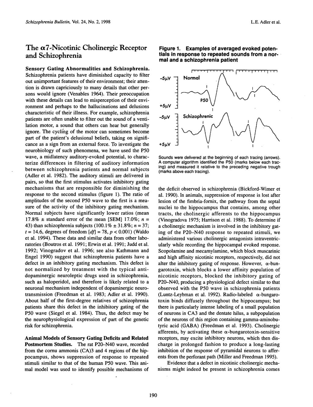 Schizophrenia Bulletin, Vol. 24, No. 2, 1998 L.E. Adler et al. The a7-nicotinic Cholinergic Receptor and Schizophrenia Sensory Gating Abnormalities and Schizophrenia.