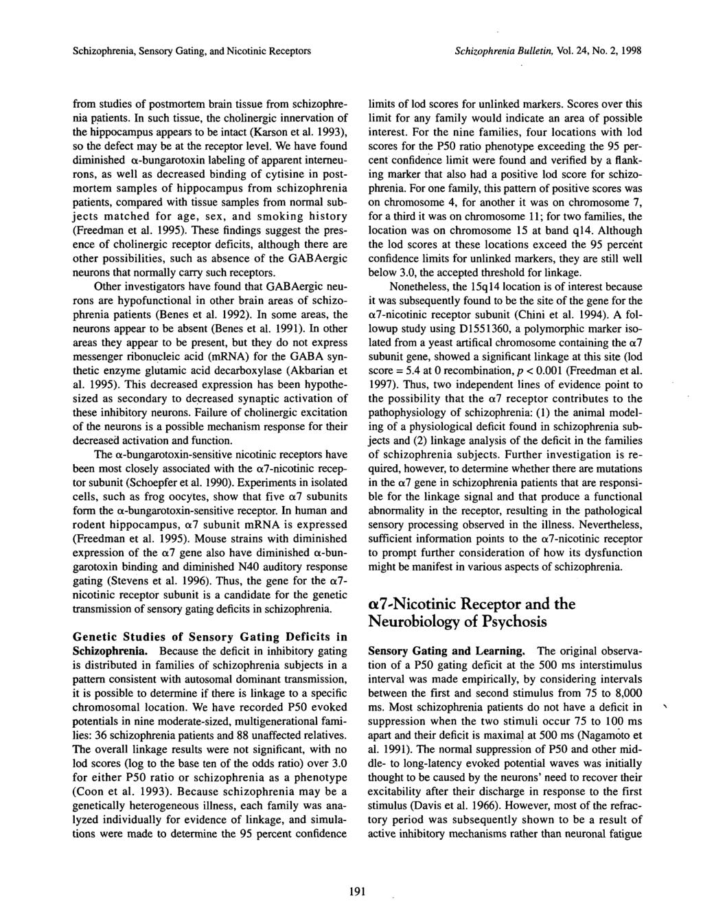 Schizophrenia, Sensory Gating, and Nicotinic Receptors Schizophrenia Bulletin, Vol. 24, No. 2, 1998 from studies of postmortem brain tissue from schizophrenia patients.
