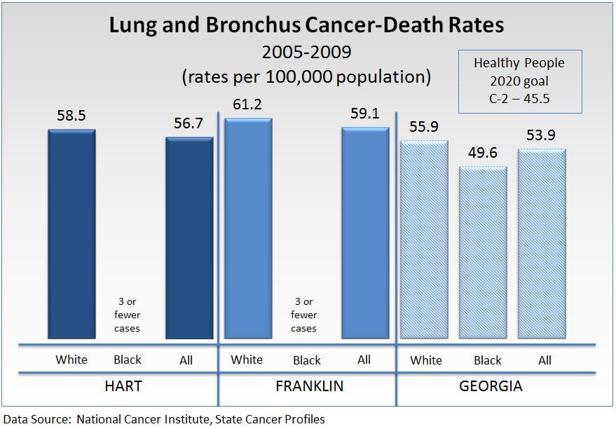 Blacks had a higher incidence rate than Whites in Hart County. Lung cancer is the first leading cause of cancer death among both males and females in Georgia.