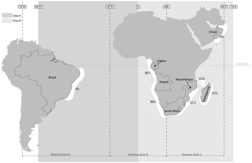 Figure 1. IWC boundaries for humpback whale breeding grounds and feeding areas in the South Atlantic and Indian Oceans. Sampling locations are indicated in parentheses and referred to in Table 1.