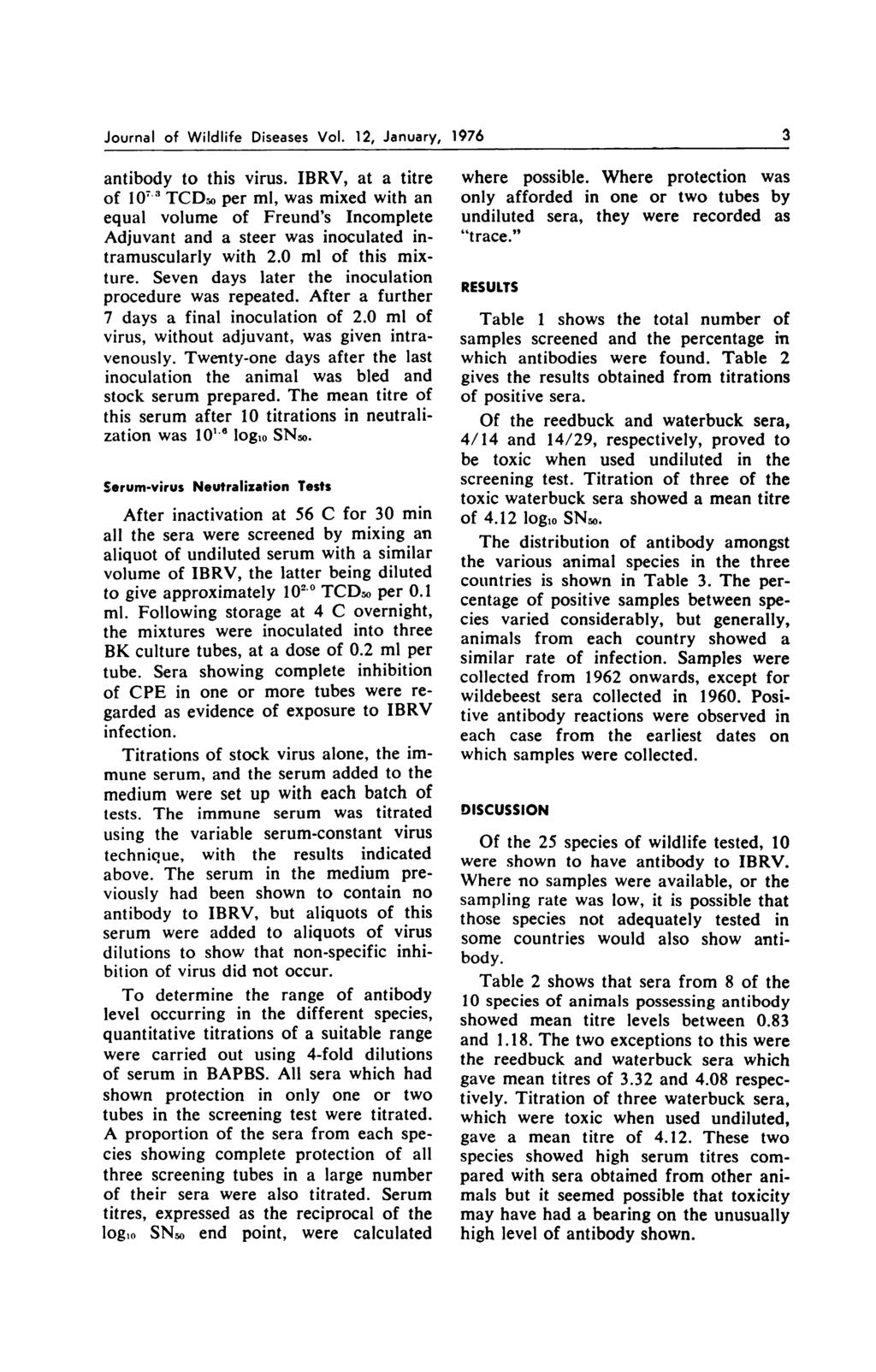 Journal of Wildlife Diseases Vol. 12, January, 1976 a antibody to this virus.