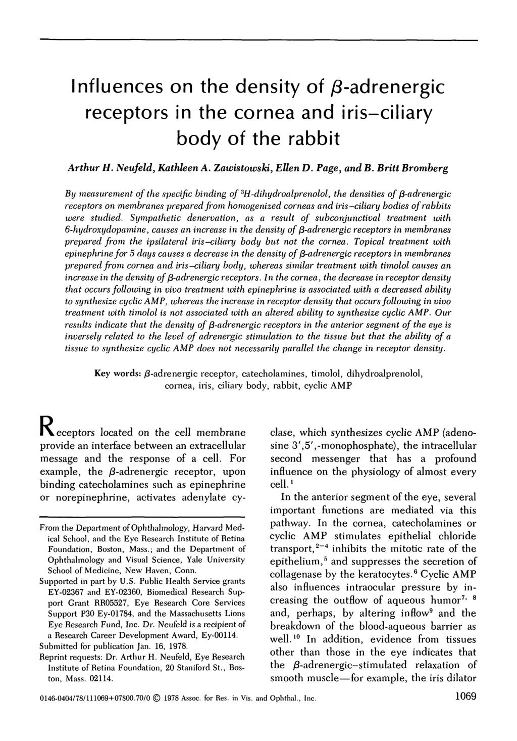 Influences on the density of /3-adrenergic receptors in the cornea and iris-ciliary body of the rabbit Arthur H. Neufeld, Kathleen A. Zatvistowski, Ellen D. Page, and B.