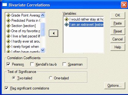 Select one of the variables that you want to correlate by clicking on it in the left hand pane of the Bivariate Correlations dialog box.