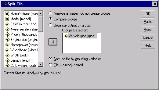 Select Compare groups. Select Vehicle type as the variable on which groups should be based. Click OK.