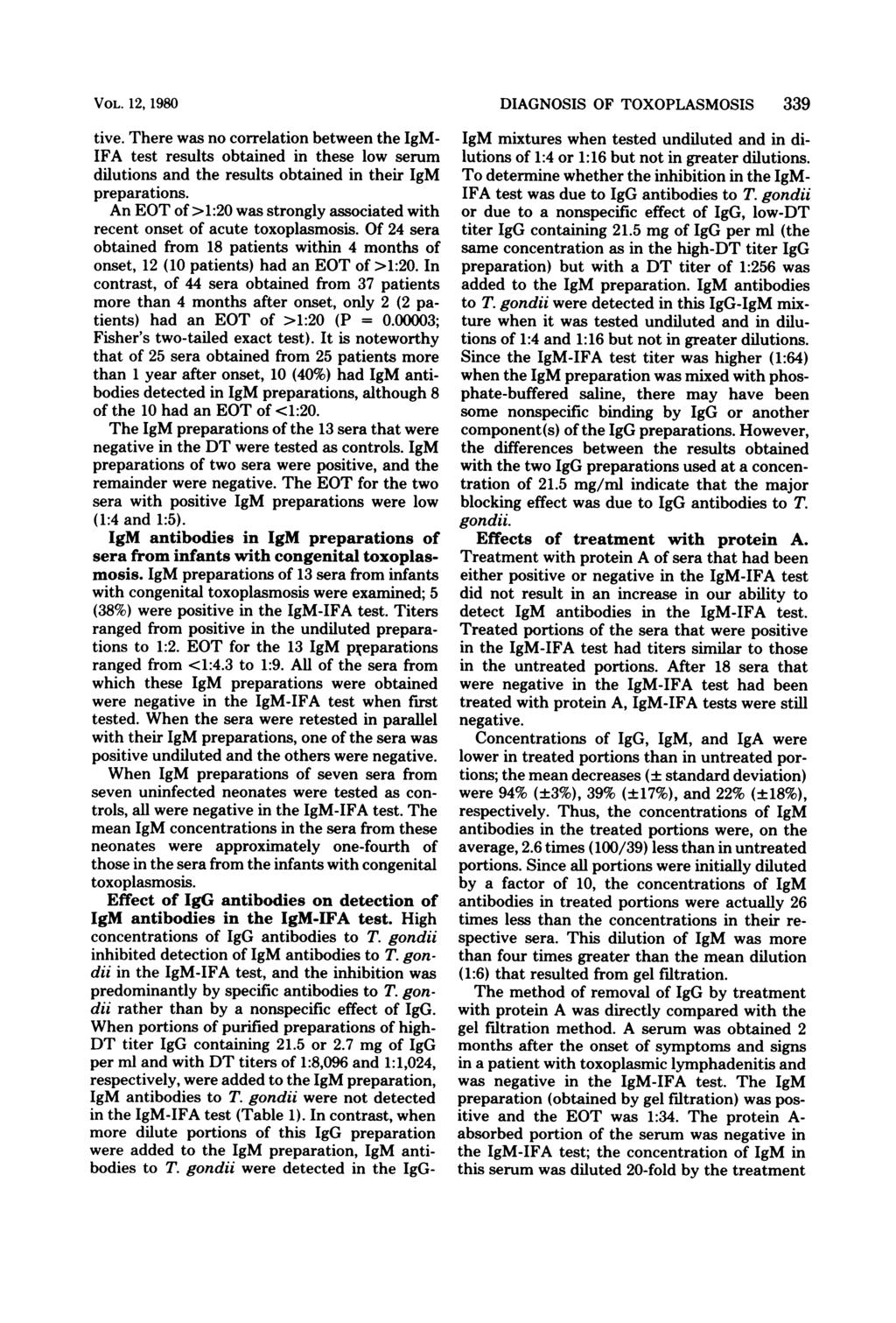 VOL. 12, 1980 tive. There was no correlation between the IgM- IFA test results obtained in these low serum dilutions and the results obtained in their IgM preparations.