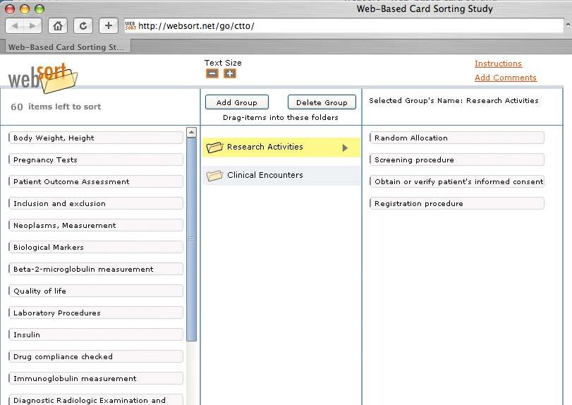 Figure 4: Example of the Websort web application interface, used to perform an all-in-one card sort of clinical trial task and event concepts.