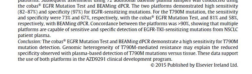 EGFR mutation detection in plasma ctdna: A cross-platform comparison of technologies to support clinical development of TAGRISSO (osimertinib, AZD9291) in NSCLC Phase I trial with AZD9291 in NSCLC