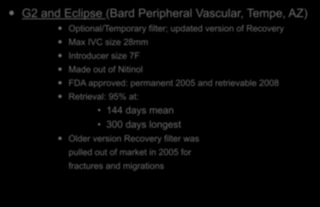 Current IVC Filters (3/12): G2 and Eclipse (Bard Peripheral Vascular, Tempe, AZ)