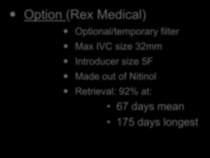 Current IVC Filters (3/12): Option (Rex Medical) Optional/temporary filter Max IVC size