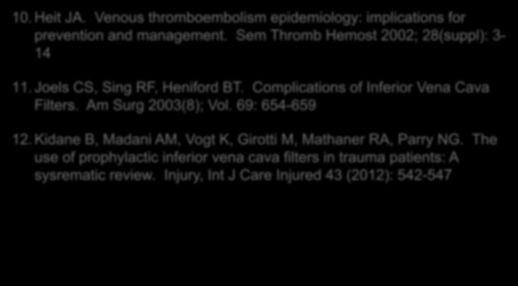 References: 10. Heit JA. Venous thromboembolism epidemiology: implications for prevention and management. Sem Thromb Hemost 2002; 28(suppl): 3-14 11. Joels CS, Sing RF, Heniford BT.