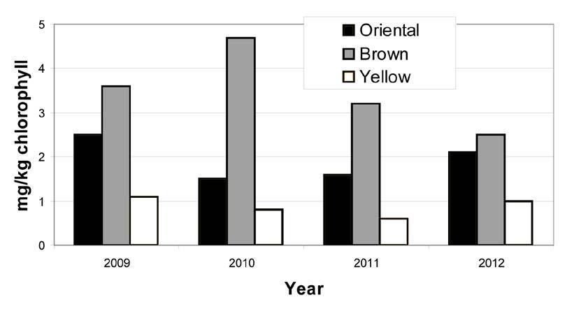 Figure 6 Oriental, Brown and Yellow Mustard, No. 1 Canada Chlorophyll content of harvest survey samples, 2009-2012 2012 Oriental Chlorophyll content...2.1 mg/kg 2012 Brown Chlorophyll content... 2.5 mg/kg 2012 Yellow Chlorophyll content.