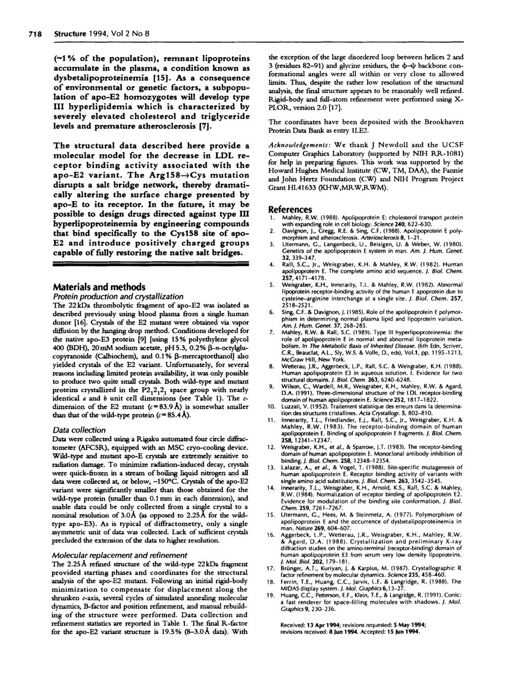 718 Structure 1994, Vol 2 No 8 (~1 % of the population), remnant lipoproteins accumulate in the plasma, a condition known as dysbetalipoproteinemia [15].
