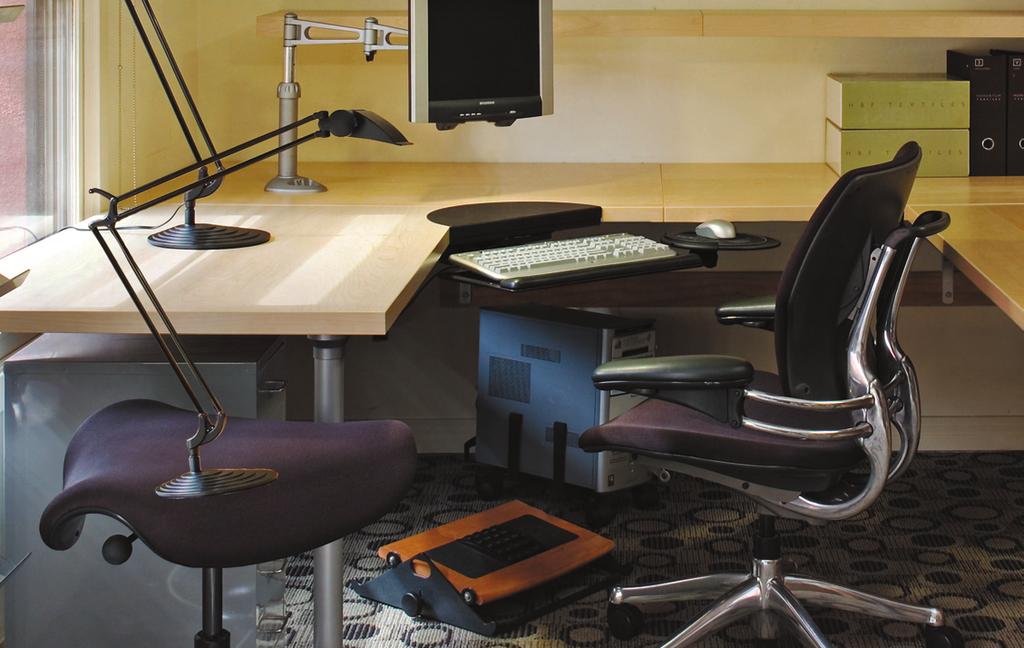 Foot Machines A highly ergonomic work environment is built around four primary tools task chair, articulating keyboard/mouse support, adjustable monitor arm and task light that work together to